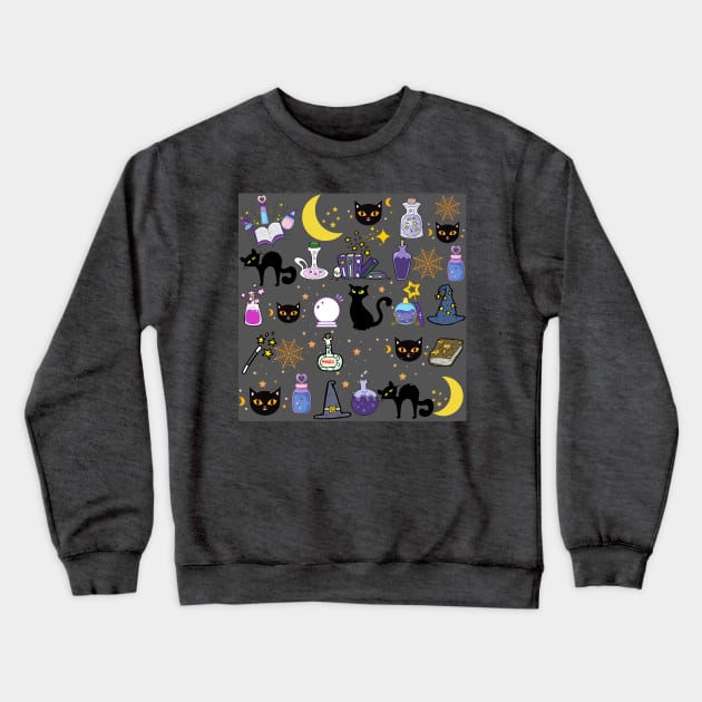 Black Cat Black Magic_Grey Background Crewneck Sweatshirt by leBoosh-Designs